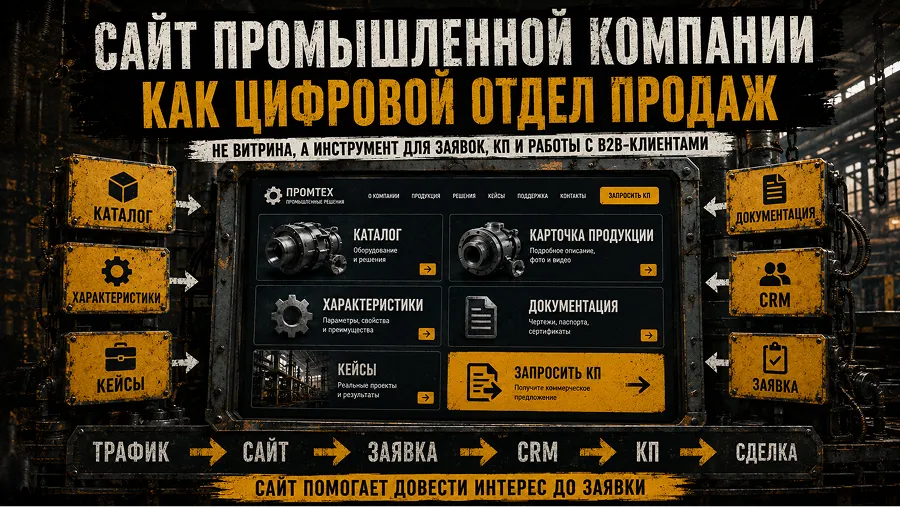Концепт промышленного сайта с каталогом, фильтрами, технической документацией, формой КП и интеграцией с CRM
